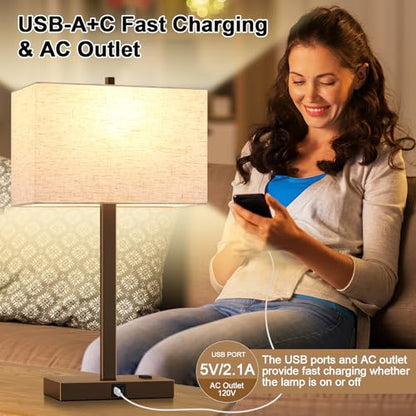 Lynnoland 21" Set of 2 Table lamp with USB A+C & AC Outlets, Touch Control 3-Way Dimmable Nightstand Lamps for Bedroom Living Room Office Reading, Line Shade Touch Lamps, 3000K LED Bulbs Included - color: Nature Line & Bronze with Gold Edge