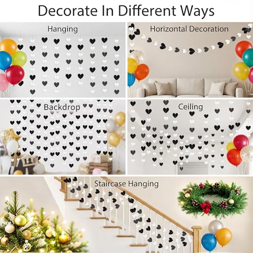 Black-Silver Birthday Party Decoration - Heart Garland Streamers Graduation Decorations 2026 Men Birthday New Years Eve Hanging Backdrop,Engagement Wedding Bachelorette Banner Supplies Decor Garsellen - color: Glitter Black White
