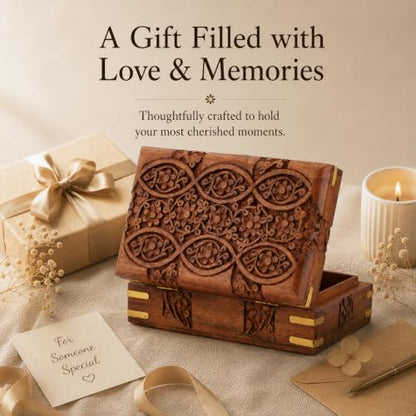 Ajuny Wooden Treasure Chest 8x5 Inch, Hand Carved Eye Floral Jewelry Box