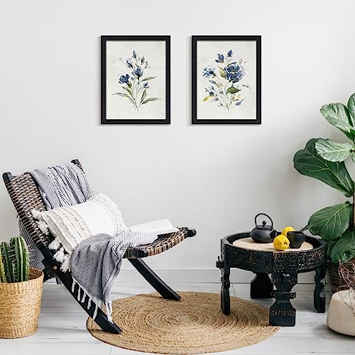 Set of 2 Navy Blue Watercolor Floral Canvas Wall Art 12x16 Inch Black Frame - color: Watercolor Flower Black Frame