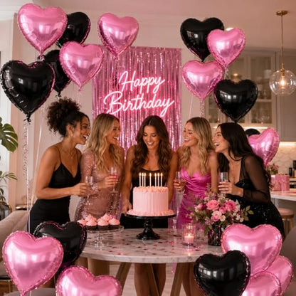 Pink Black Heart Foil Balloons,12Pcs 18Inch Heart Shaped Balloons - color: Black Pink