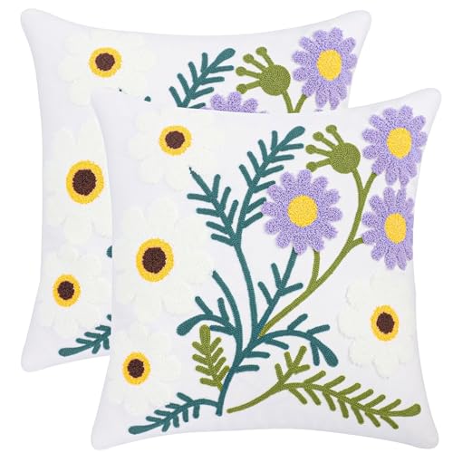 Embroidered Throw Pillow Covers 18x18 Pack of 2 Purple White Flower - color: Purple-white Flower