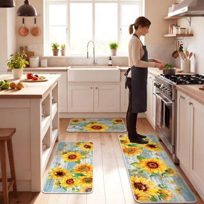 Fourluoo 3 Pcs Sunflower Kitchen Rugs and Mats Set - color: Light Blue