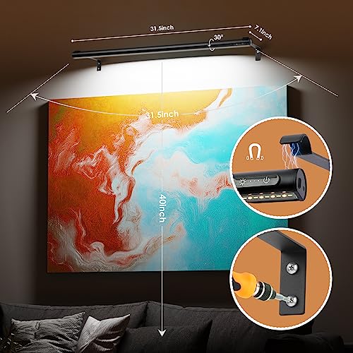 Battery Operated Wireless Picture Light，Rechargeable/Plugged in 31.5inch Painting Display Light,Remote Control Wall Lights with Three Modes and Timing for Art Frame (Black)