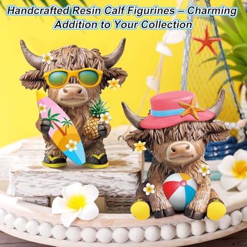 Karenhi 2 Pcs Highland Cow Figurines Summer Decor, Beach Tabletop Statues - style: Summer