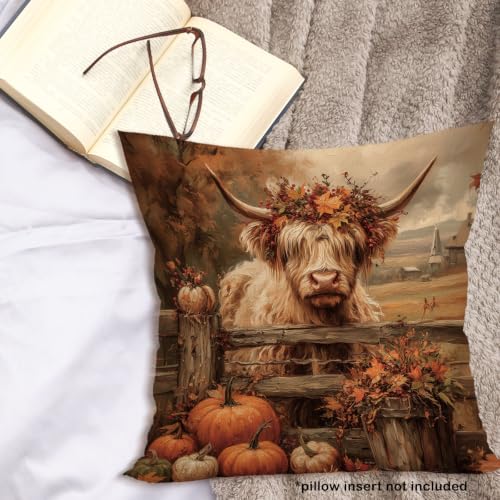 Rustic Fall Western Highland Cow Pumpkin Throw Pillow Covers 18x18 - color: Highland Cow-09