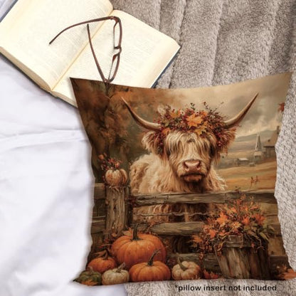 Rustic Fall Western Highland Cow Pumpkin Throw Pillow Covers 18x18 - color: Highland Cow-09