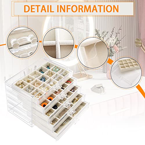 Watpot Acrylic Jewelry Box 5 Drawers Clear Earring Storage Organizer Display Case - color: Beige 5 Layers