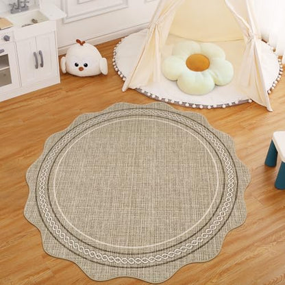 GarveeHome Scalloped Washable Rug, Soft Round Rugs 5ft, Non Slip, Green - color: Jute Color, size: 5' (Round)
