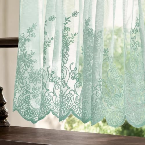 Molaxhome Kitchen Curtains Valance Blue Lace Floral Semi Sheer Curtain - color: Blue-green, size: 51"W x 16"L (Pack of 1)