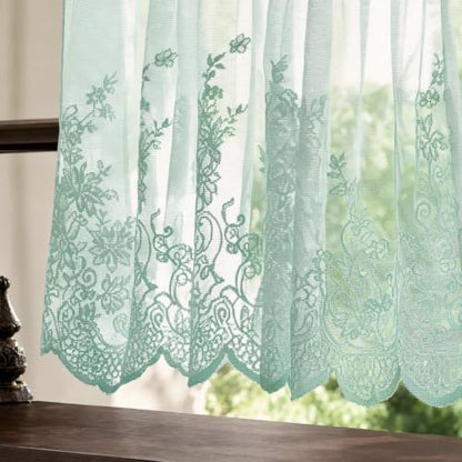 Molaxhome Kitchen Curtains Valance Blue Lace Floral Semi Sheer Curtain - color: Blue-green, size: 51"W x 16"L (Pack of 1)