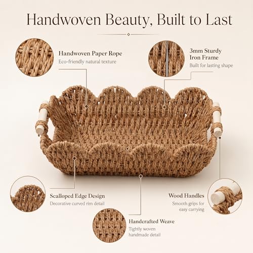 Coeusy Set of 2 Paper Rope Scalloped Baskets, Cute Wicker Basket Natural - color: Neutral