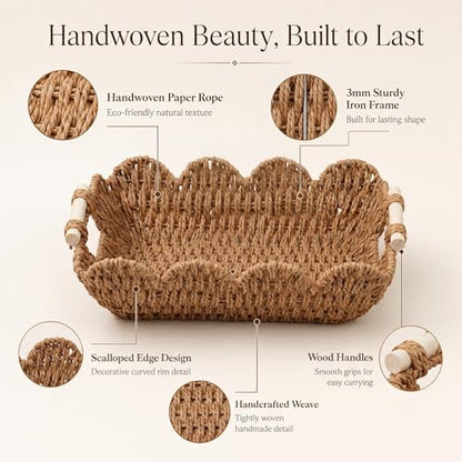 Coeusy Set of 2 Paper Rope Scalloped Baskets, Cute Wicker Basket Natural - color: Neutral