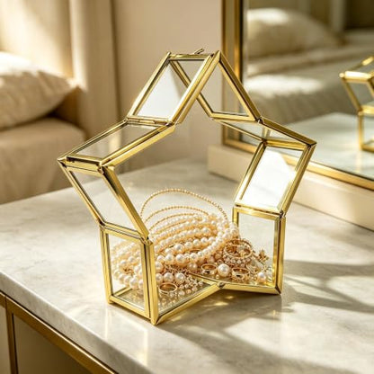 2Pcs Glass Jewelry Boxes with Lids, Gold Star & Hexagon Trinket Boxes