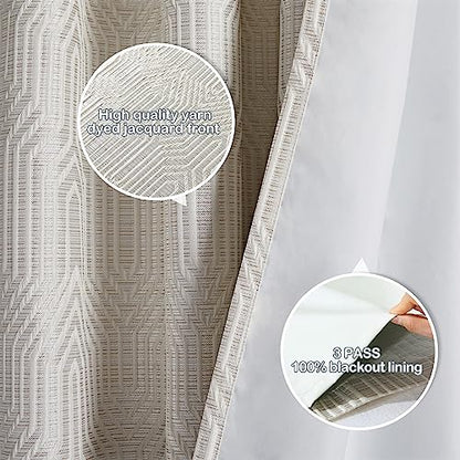 Beige and Silvery 100% Blackout Jacquard Geometric Pattern Curtains,52 Inch Wide 84 Inches Long 2 Panels, Thermal Insulated Noise Reducing Anti-Rust Grommet Drapes for Bedroom Living Room, Cream - color: Beige and Silvery, size: 52"W x 84"L (Pack of 2)