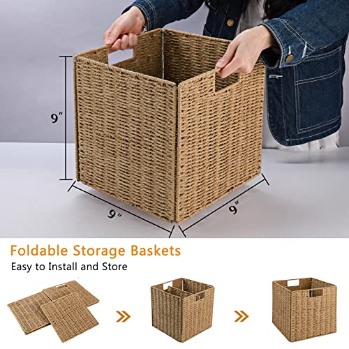 Vagusicc Wicker Storage Basket, Set of 2 Hand-Woven Storage Baskets for Shelves with Handles Foldable Cube Storage Baskets Bins, 9 inch Wicker Baskets for Pantry Bedroom Organizer &Decor, Natural - color: Natural, size: 9'' x 9'' x 9''