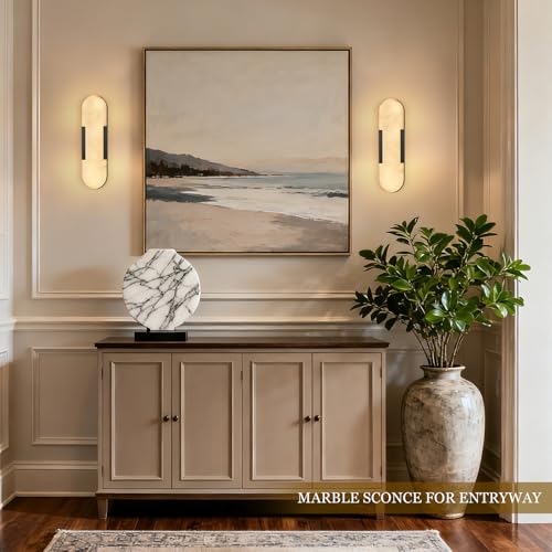 Alabaster Wall Sconces Set of 2, 13.8" Black Natural Marble Wall Sconce, Hardwired Bathroom Vanity Lights, Modern Indoor Wall Lighting for Bedroom, Living Room
