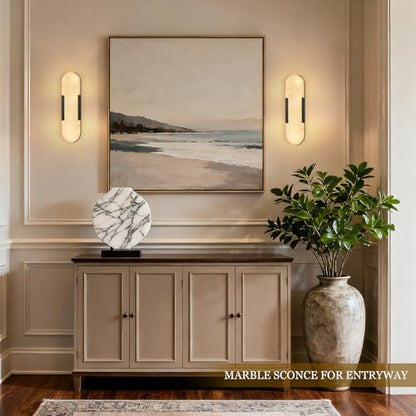 Alabaster Wall Sconces Set of 2, 13.8" Black Natural Marble Wall Sconce, Hardwired Bathroom Vanity Lights, Modern Indoor Wall Lighting for Bedroom, Living Room