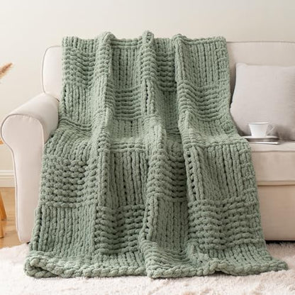 Chunky Knit Throw Blanket for Couch, Sage Green, 50"x60" - color: Sage Green