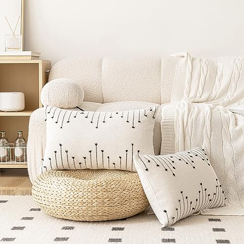 LILEPOY Boho Throw Pillow Covers 12x20 Farmhouse Lumbar Couch Pillow case - color: Beige and Black, size: 20" x 12" (Pack of 2)
