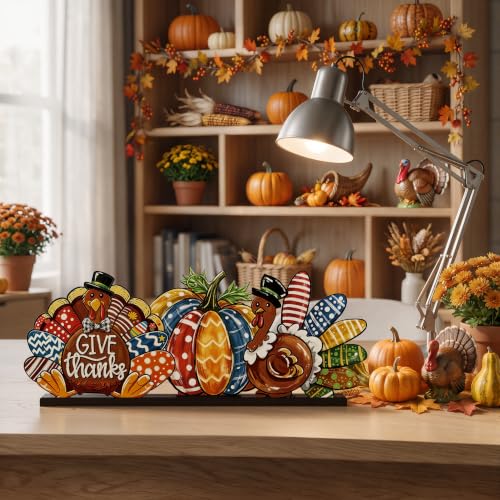 Smile Thanksgiving Wooden Standing Decor, Turkey Pumpkin And Give Thanks Tiered Tray Tabletop Signs With Stands For Home And Party Decorations - style: Pumpkin Turkey