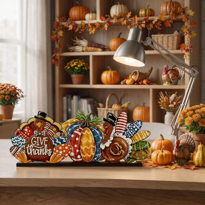 Smile Thanksgiving Wooden Standing Decor, Turkey Pumpkin And Give Thanks Tiered Tray Tabletop Signs With Stands For Home And Party Decorations - style: Pumpkin Turkey