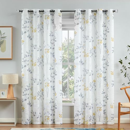 Beauoop Floral Linen Semi Sheer Curtains Living Room Yellow Grey 50x96x2 - color: Grommet | Yellow and Grey, size: 50"W x 96"L (Pack of 2)