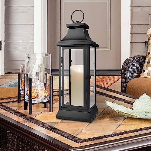 Serene Spaces Living Black Decorative Hurricane Lantern with Clear Glass Panels, Medium Indoor Outdoor Lantern for Porch, Events, Parties & Tabletop Decor, 5" Square & 15" Tall, Pack of 4 - size: Medium