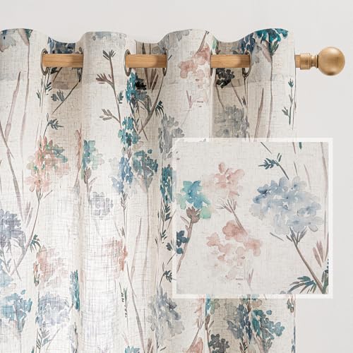 MYSKY HOME Floral Curtains for Bedroom Linen Look Semi Sheer Vertical Light Filtering Privacy Drapes Decor Farmhouse Style Texture for Bedroom Dining Room, Brown, W52 x L63, Pack-2 - color: A-brown, size: 52"W x 63"L (Pack of 2)