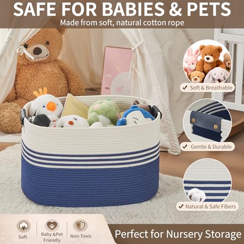 Laundry Hamper with Handles, 72L Rope Laundry Basket, Dark Blue & White - color: Dark Blue & White, size: 72L