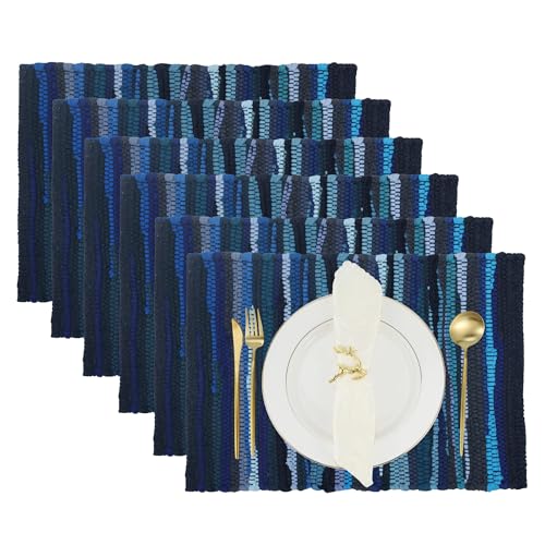 RAJRANG Navy Blue Chindi Cotton Placemats Set of 6 – Reversible Woven Table Mats 13x19 Inch for Dining Room, Kitchen, or Coffee Table Use - color: Navy