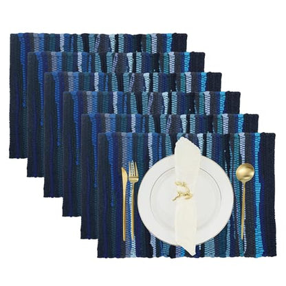 RAJRANG Navy Blue Chindi Cotton Placemats Set of 6 – Reversible Woven Table Mats 13x19 Inch for Dining Room, Kitchen, or Coffee Table Use - color: Navy