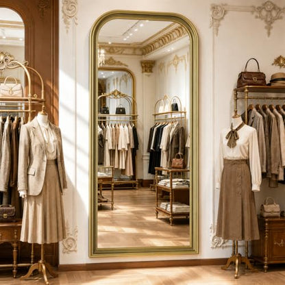 71"x32" Full Length Mirror with Stand, Arched PU Frame - color: Antique Gold
