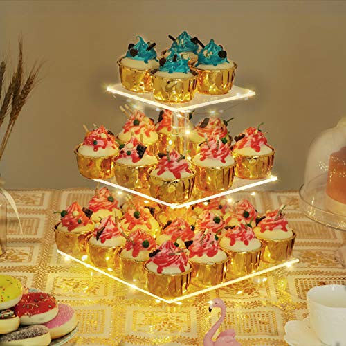 YestBuy 3 Tier Cupcake Stand with Yellow LED String Light for 24 Cupcakes - color: Yellow, size: 3 Tier Square