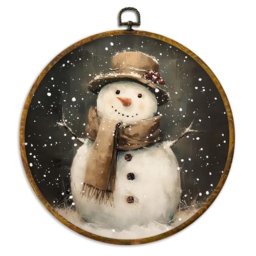 XPH Vintage Moody Christmas Snowman Round Wall Art Framed, Rustic Farmhouse Winter Circle Wall Decor, Cozy Winter Snowman Hanging Canvas Prints for Home Bedroom Living Room Decoration, 10x10 Inch - color: Christmas 10