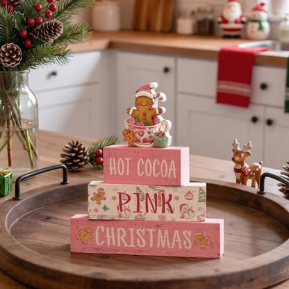Smile 4 Wooden Christmas Signs, Hot Cocoa Pink Gingerbread Decor - style: Pink Christmas