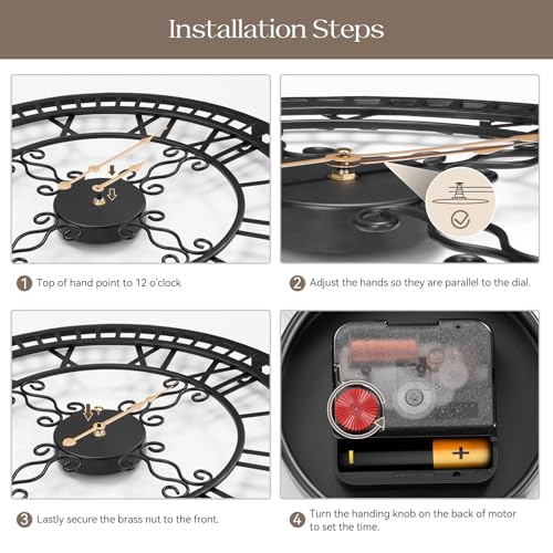 30" Large Wall Clock Decorative for Living Room, Black Metal Roman Numeral Big Clock Completely Silent, Oversized Wall Clocks Battery Operated for Kitchen, Bedroom, Fireplace - size: 30 inch