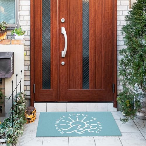 Jvpke Blue Beach Door Mat, Happiness Comes in Waves Blue Beachy Door Mat Indoor Outdoor Entrance Porch, Ocean Coastal Nautical Bath Mats for Bathroom, Beachy Welcome Mats, 17x30 Inches - color: Blue Beach