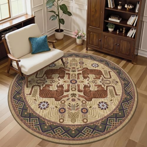 GarveeHome Tiger Round Area Rugs Boho Bedroom Non Slip Washable Vintage - color: Camel, size: 5' (Round)