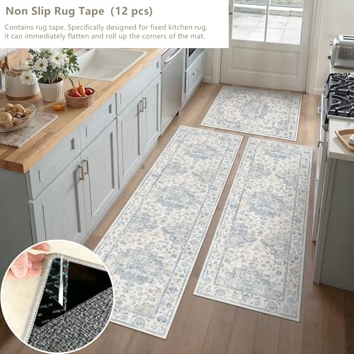 Washable Neutral Blue Kitchen Runner Rug Set of 3 - color: Neutral | Blue, size: 20"x32"+20"x48"+20"x59"