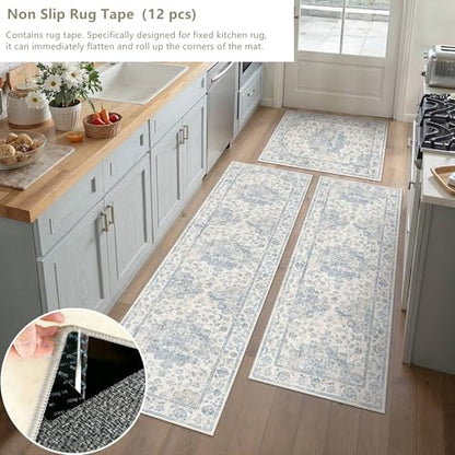 Washable Neutral Blue Kitchen Runner Rug Set of 3 - color: Neutral | Blue, size: 20"x32"+20"x48"+20"x59"
