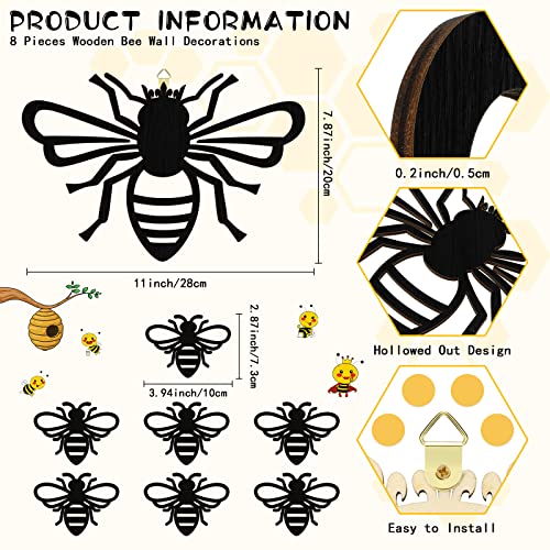 Yookeer 8 Pieces Wooden Bee Decor Wall Art Farmhouse Queen Bee Wall Sculpture Hanging Sign for Indoor Outdoor Garden Yard Lawn Decoration Spring Party Supplies(Black) - color: Black