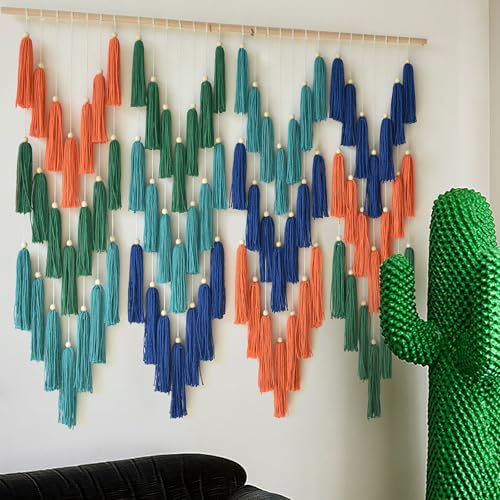 Macrame Wall Hanging Large Yarn Wall Art Boho Home Decor Handmade 47"W*39"L | Wedding Decor, Living Room Wall Art, Room Accent, Modern Home Style, Rustic Interior, Farmhouse Decor, Bedroom Wall Art - color: Blue Orange Green
