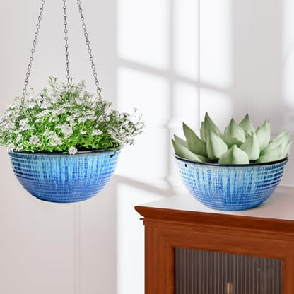 2 Pack 10 Inch Glazed Hanging Planters, Hanging Baskets with Drainage Hole - color: Blue Glaze, size: 10 inch