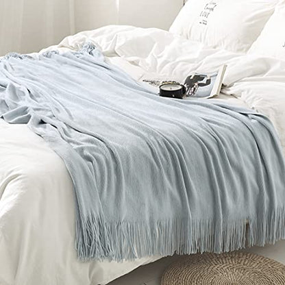 Homiest Pale Blue Knitted Throw Blanket with Fringe, 50x60 Inch - color: Baby Blue, size: 50" x 60"