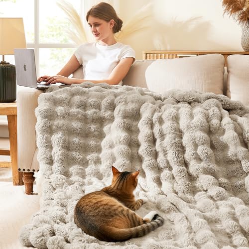 L'AGRATY Faux Rabbit Fur Throw Blanket for Couch, 90'' x 108'', Castle Grey - color: Castle Grey, size: 90" x 108"