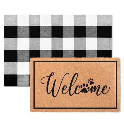 2-Piece Layered Welcome Mat Set - Coir Doormat & Buffalo Plaid Rug - color: Dog Paws