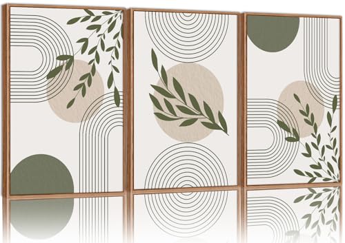 YeeHomedec Boho Sage Green Framed Canvas Wall Art, Mid Century Modern Wall Decor, Large Minimalist Art Print, Abstract Geometric Leaf Art Painting for Bathroom Living Room Bedroom Office 16"x24"x3 - color: Green Sage, size: 36"L x 24"W