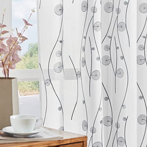 HOMEIDEAS Grey and White Sheer Curtains 52 X 63 Inches Length 2 Panels Embroidered Wave Line with Spiral Pattern Pocket Faux Linen Semi Sheer Voile Window Curtains/Drapes for Bedroom Living Room - color: Grey and White, size: 52"W x 63"L (Pack of 2)