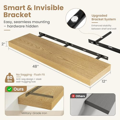 48 Inch Long Floating Shelves for Wall Set of 1, 12"D Wood Grain Shelves - color: Oak, size: 48"Wx12"Dx2"H, 1P